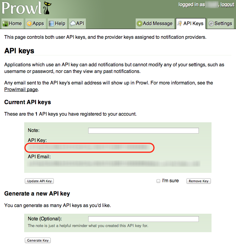 "Prowl API Key Generation"